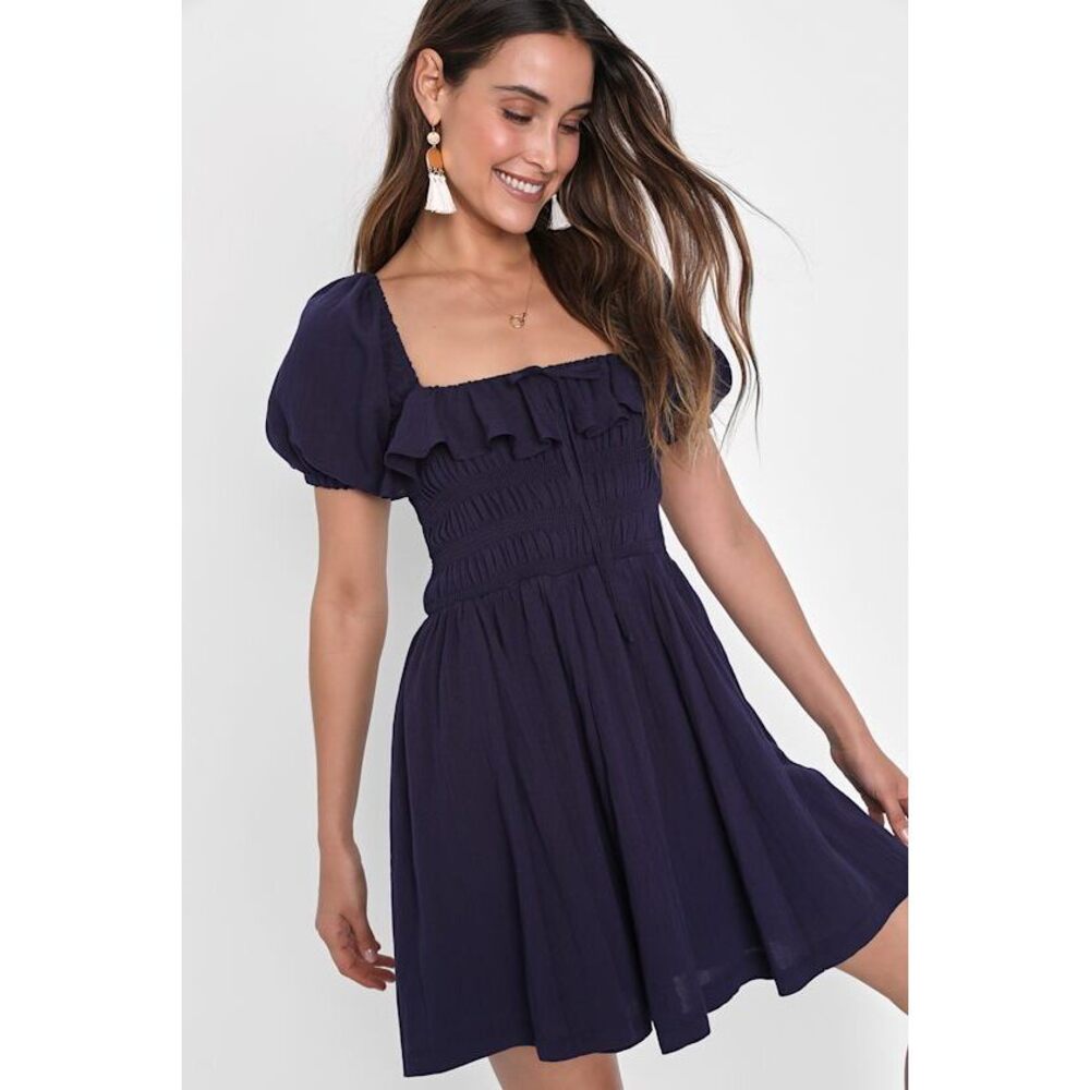Lulus Daytime Delight Navy Blue Smocked Puff Sleeve Mini Dress - Size S